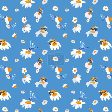 Fondo de verano margarita abeja azul claro patrón sin costuras primavera prado blanco flor ornamento envoltura tela papel pintado textil mosaico