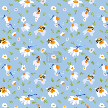 Fondo de verano margarita abeja azul claro inconsútil patrón primavera blanco prado flor verde hojas ornamento envoltura tela papel pintado textil mosaico