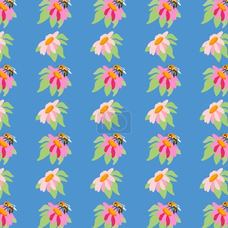 Fond d'été pivoines abeille bleu motif sans couture printemps rose prairie fleur ornement motif enveloppement tissu papier peint chintz mousseline cambrique