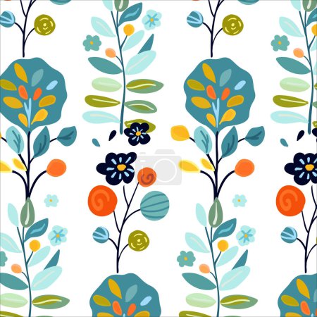 Encantador patrón sin costuras con plantas caprichosas y flores en colores brillantes y vibrantes. Ideal para diseños de primavera, textiles y fondos de pantalla. Captura un ambiente fresco y juguetón con arte popular
