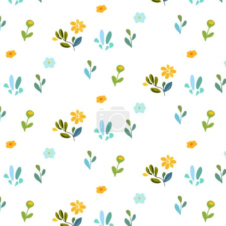 Impresión. Ilustración vectorialPatrón sin costuras con flores y plantas simples y brillantes en estilo de arte popular sobre un fondo blanco. Ideal para textiles, fondos de pantalla y diseños de primavera. Incorpora vibrante