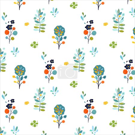 Charming seamless pattern featuring enchanting plants and flowers in bright, vibrant colors. Ideal for spring designs, textiles, and wallpapers. Captures a fresh and playful vibe with folk art