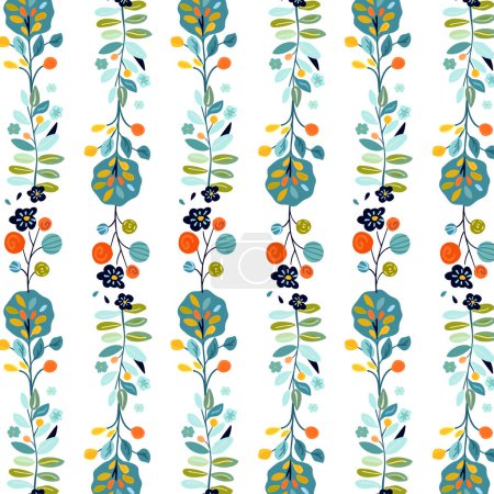 Nahtloses Muster mit vertikalen Streifen von dekorativen Pflanzen, Blumen und Bäumen im Stil der Volkskunst auf weißem Hintergrund. Ideal für Textilien, Tapeten und Frühlingsdesigns. Umfasst dynamische