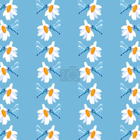 Fond d'été marguerite libellule bleu motif sans couture printemps prairie blanche fleur ornement enveloppement tissu papier peint chintz cambrique mousseline mosaïque