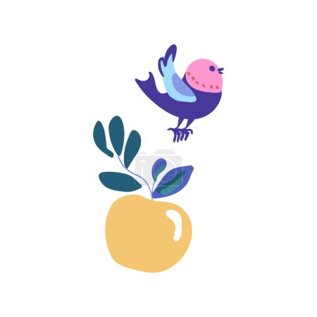 Yellow apple on a branch with a bird, depicted in a charming folklore style. The design is colorful and whimsical