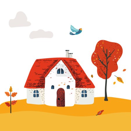 Casa de pueblo de dibujos animados con un techo rojo. Folk hojas rojas en un árbol. Postal y póster. Para impresión infantil y textiles