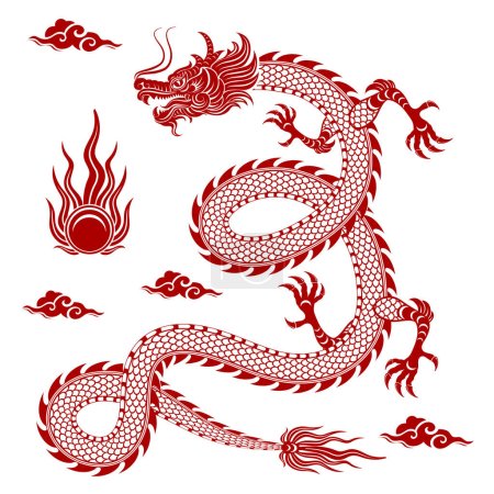 Ilustración de Dragón chino rojo tradicional para el diseño del tatuaje, año nuevo chino y todos los festivales (traducir: Dragón chino) - Imagen libre de derechos
