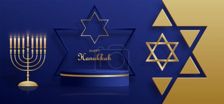 Ilustración de Feliz escenario redondo del podio de Hanukkah con símbolos agradables y creativos - Imagen libre de derechos