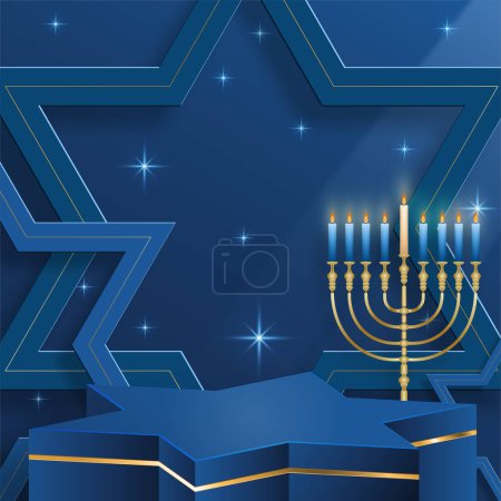 Ilustración de Feliz escenario redondo del podio de Hanukkah con símbolos agradables y creativos - Imagen libre de derechos