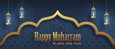 Ilustración de Feliz Muharram, el Año Nuevo Islámico, nuevo diseño de año Hijri con patrón de oro en el fondo de color - Imagen libre de derechos