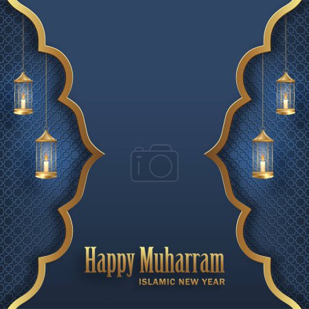 Téléchargez les photos : Happy Muharram, le Nouvel An islamique, nouvelle conception de l'année Hijri avec motif or sur fond de couleur - en image libre de droit