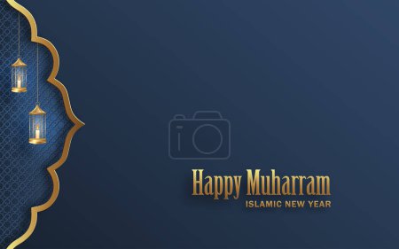 Téléchargez les illustrations : Happy Muharram, le Nouvel An islamique, nouvelle conception de l'année Hijri avec motif or sur fond de couleur - en licence libre de droit