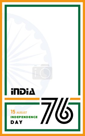 Téléchargez les photos : Soixante-seize 76 ans fête de l'indépendance de l'Inde, 15 d'août texte en caractères safran avec des éléments de l'Inde et Ashok bleu roue sur fond de couleur - en image libre de droit