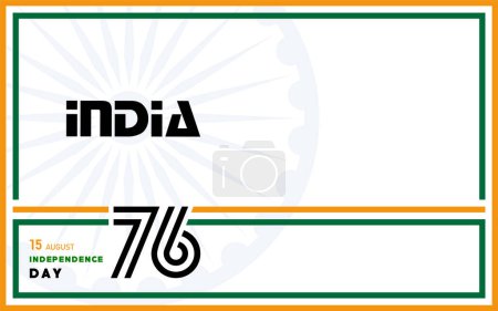 Téléchargez les illustrations : Jour de l'indépendance de l'Inde, 15 août texte en caractères safran avec des éléments de l'Inde et roue Ashok bleue sur fond de couleur - en licence libre de droit