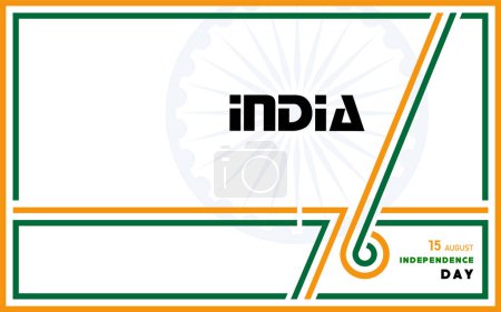 Ilustración de Día de la Independencia de la India, 15 de agosto texto en caracteres de azafrán con elementos de la India y azul Ashok Rueda sobre fondo de color - Imagen libre de derechos