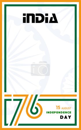 Téléchargez les illustrations : Jour de l'indépendance de l'Inde, 15 août texte en caractères safran avec des éléments de l'Inde et roue Ashok bleue sur fond de couleur - en licence libre de droit