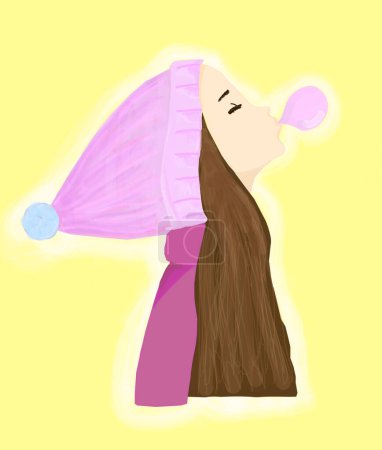 Téléchargez les photos : Une fille dans un chapeau rose gonfle une bulle de chewing-gum. - en image libre de droit