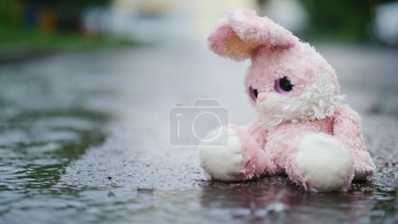 Foto de Una liebre de juguete mojado se moja bajo la lluvia. Se sienta solo en el asfalto frío. - Imagen libre de derechos