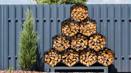 Photo for Stylish decorative firewood rack with cells in the form of honeycombs. - Royalty Free Image