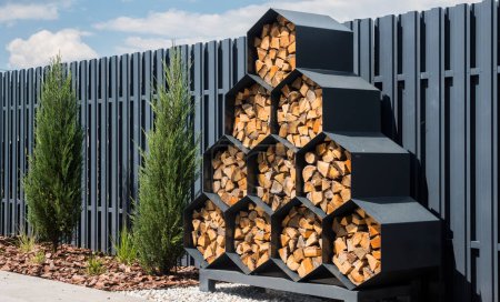Téléchargez les photos : Porte-bois décoratif élégant avec des cellules en forme de nid d'abeilles. - en image libre de droit
