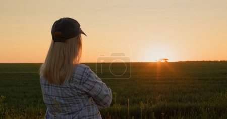 Photo for Farmer looks at her wheat field, where a tractor is working in the distance. Silhouette at sunset. - Royalty Free Image