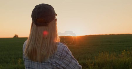 Téléchargez les photos : Vue arrière d'une femme admirant le lever du soleil sur un champ de blé. - en image libre de droit