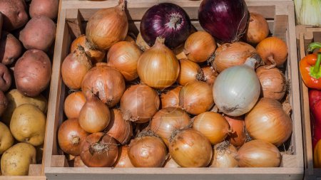 Photo for Wooden box with onions on the counter of the farmers market. - Royalty Free Image