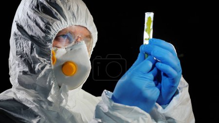 Téléchargez les photos : Portrait of a focused scientist, looks at a test tube with a sample of a plant. Genetic research concept. - en image libre de droit