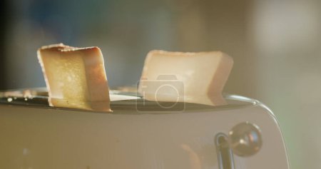 Téléchargez les photos : Deux tranches de pain blanc prêtes à être chargées dans le grille-pain. - en image libre de droit
