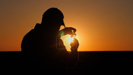 Téléchargez les photos : Silhouette d'un agriculteur examinant des semis dans le champ. Vue arrière. - en image libre de droit