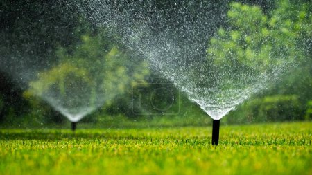 Eine Sprinkleranlage, die einen gepflegten grünen Rasen bewässert und dabei einen erfrischenden Nebel erzeugt, der im klaren Tageslicht funkelt. Das üppige, gesunde Gras wird durch regelmäßige Bewässerung gepflegt, was die