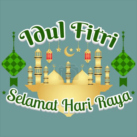 Greeting of selamat hari raya idul fitri with mosque sign