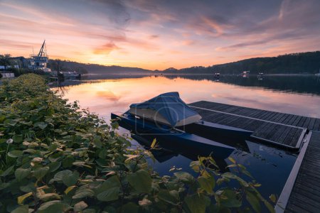 Landscape of Lake Baldeneysee on the Ruhr River before sunrise. Dawn over the lake in the city of Essen in Germany.