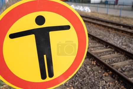 Photo for No passage sign on train platform with rails in background - Royalty Free Image