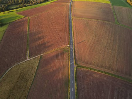 Vista aérea de una carretera entre campos agrícolas en el campo 