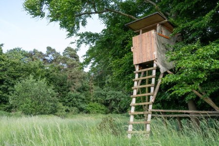 Wooden high seat for hunting in the countryside