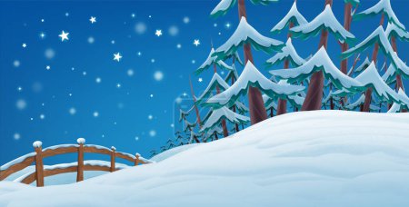 winter christmas landscape, cartoon illustration