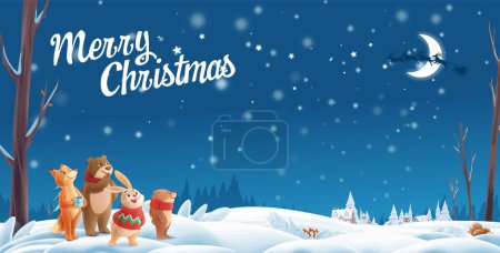 merry christmas and happy new year background with winter forest landscape and animals looking at the silhouette of Santa's sleigh against the background of the moon. vector illustration