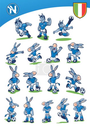 Téléchargez les illustrations : Ânes, naples, italie, collection de mascottes de football couleur bleue - en licence libre de droit