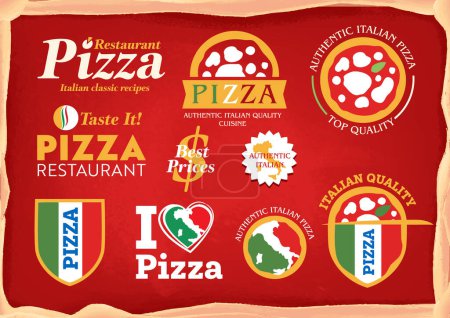 Téléchargez les illustrations : Lot d'autocollants de pizza vectorielle, flyers, affiches - en licence libre de droit