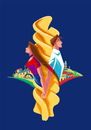 Téléchargez les illustrations : Fusilli affiche publicitaire de pâtes avec l'homme et la femme tenant la main - en licence libre de droit