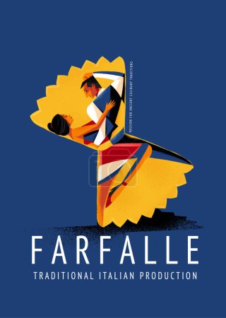 Illustration for Farfalle pasta advertising with man and woman dancing vintage style - Royalty Free Image