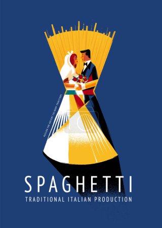 Téléchargez les illustrations : Couverture pour le paquet de pâtes spaghetti avec illustration de l'homme et la femme - en licence libre de droit