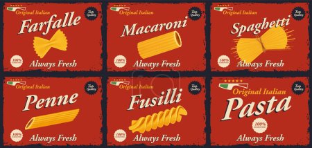 Téléchargez les illustrations : Affiches de pâtes italiennes avec différentes nouilles - en licence libre de droit
