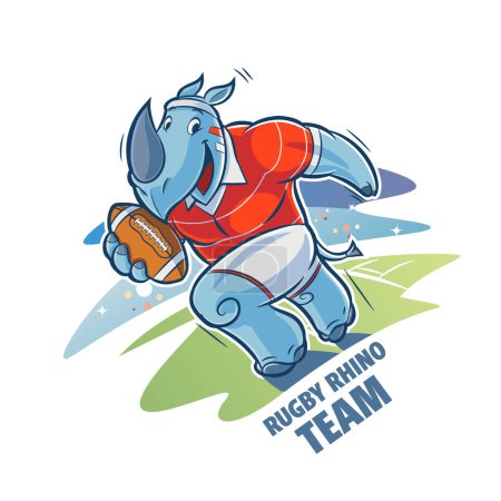 Ilustración de Ilustración de dibujos animados de rinoceronte grande con uniforme de rugby y corriendo con pelota - Imagen libre de derechos
