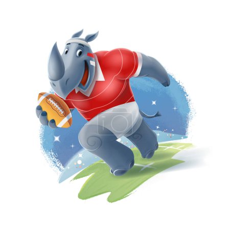 Téléchargez les illustrations : Mascotte de rhino joue fond de stade de rugby - en licence libre de droit