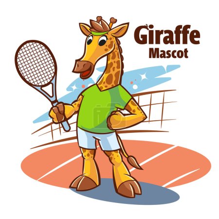 Téléchargez les illustrations : Girafe personnage de dessin animé avec raquette. vecteur - en licence libre de droit