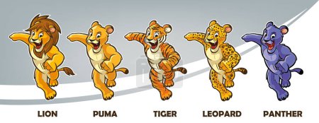 Téléchargez les illustrations : Ensemble de mascotte de lion, léopard, puma, tigre et panthère féline - en licence libre de droit