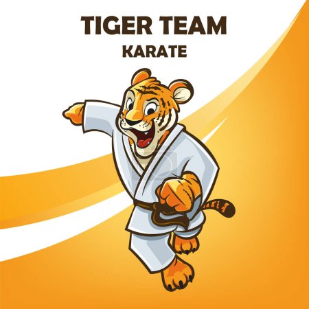 Téléchargez les illustrations : Mascotte de tigre avec logo karaté kimono dessin animé - en licence libre de droit