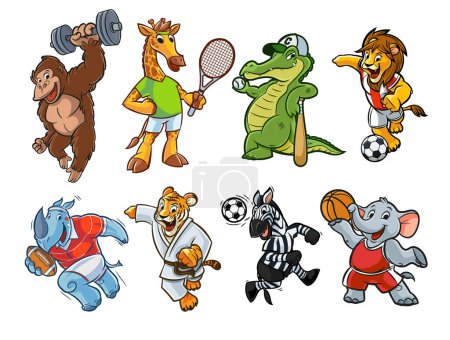 Illustration for Various wild animals characters set with sports uniform, vector illustration - Royalty Free Image